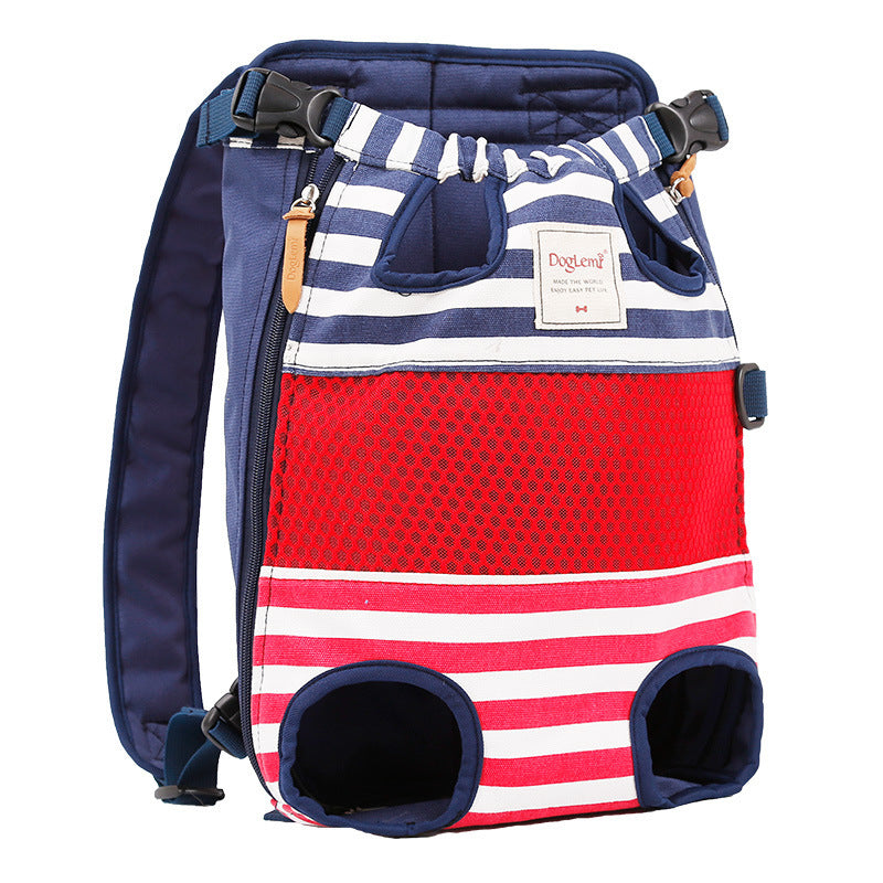Pet carrier with red, white, and blue striped pattern on a white background