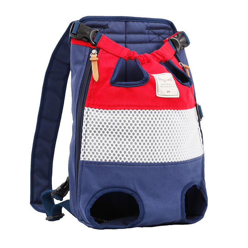 Pet carrier backpack with red and white accents on a white background