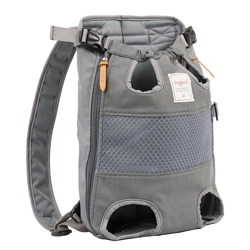 Gray pet carrier backpack with a visible brand label on a white background